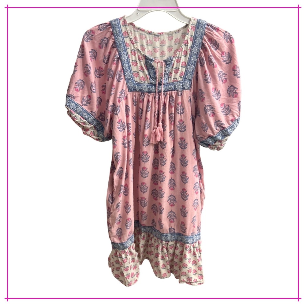 Old Navy Pink Floral Print Puff Sleeve Tassel Tie‎ Dress XS